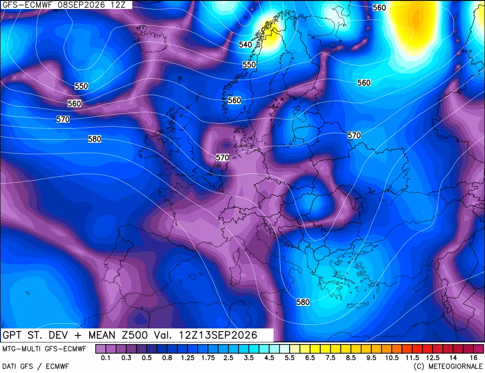 mappa Sigma (Dev. St.) Geopotenziali a 500 hPa