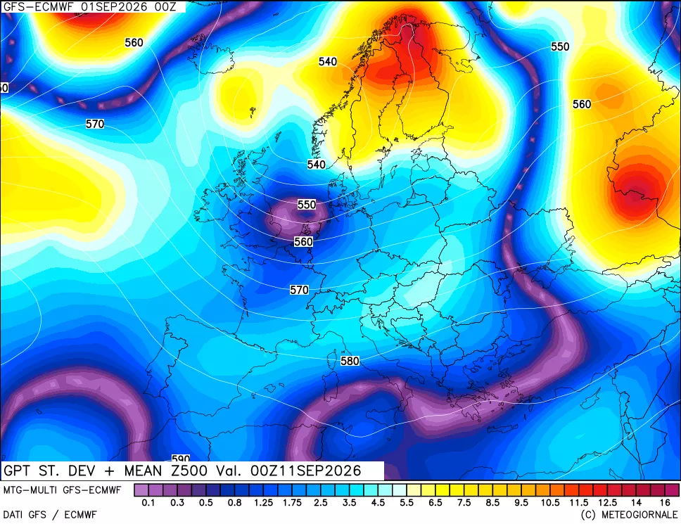 mappa Sigma (Dev. St.) Geopotenziali a 500 hPa