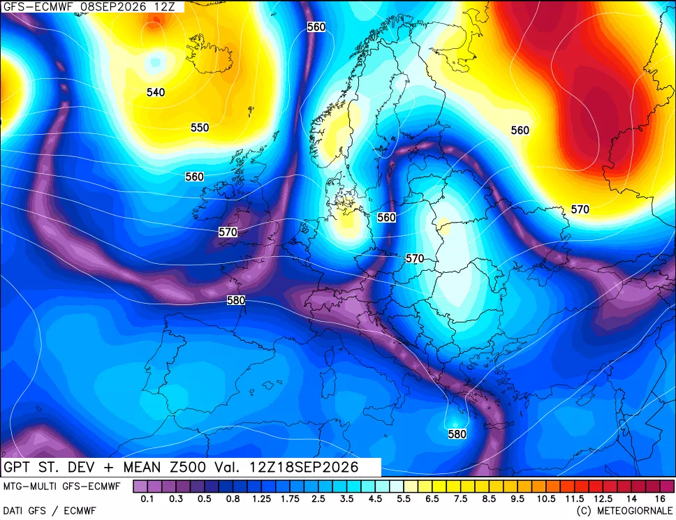mappa Sigma (Dev. St.) Geopotenziali a 500 hPa