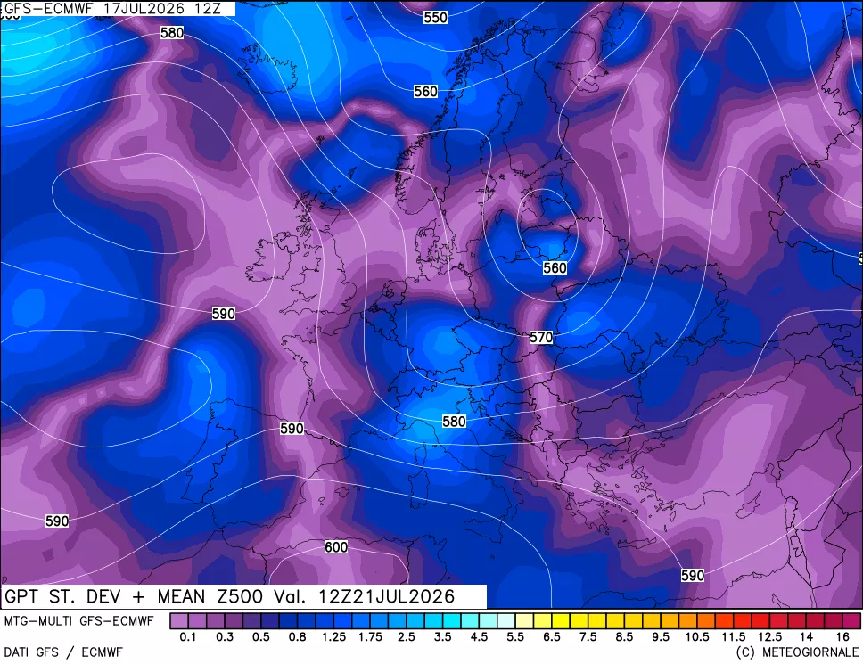 mappa Sigma (Dev. St.) Geopotenziali a 500 hPa