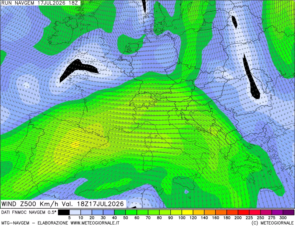mappa Direzione e forza del vento a 500hPa