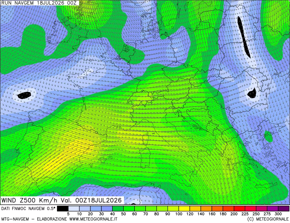 mappa Direzione e forza del vento a 500hPa