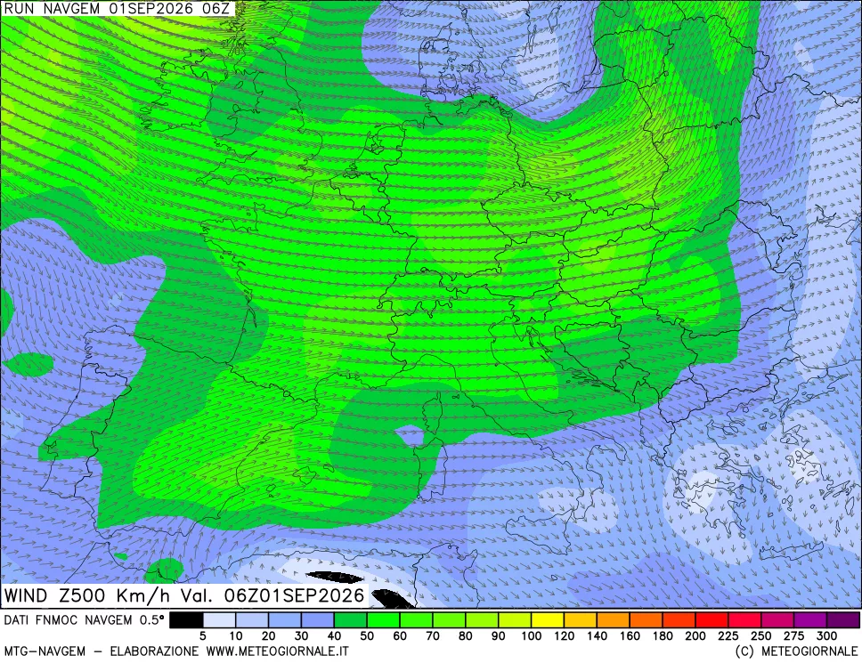 mappa Direzione e forza del vento a 500hPa