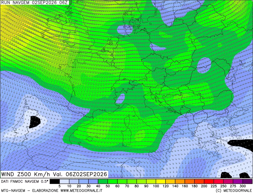 mappa Direzione e forza del vento a 500hPa
