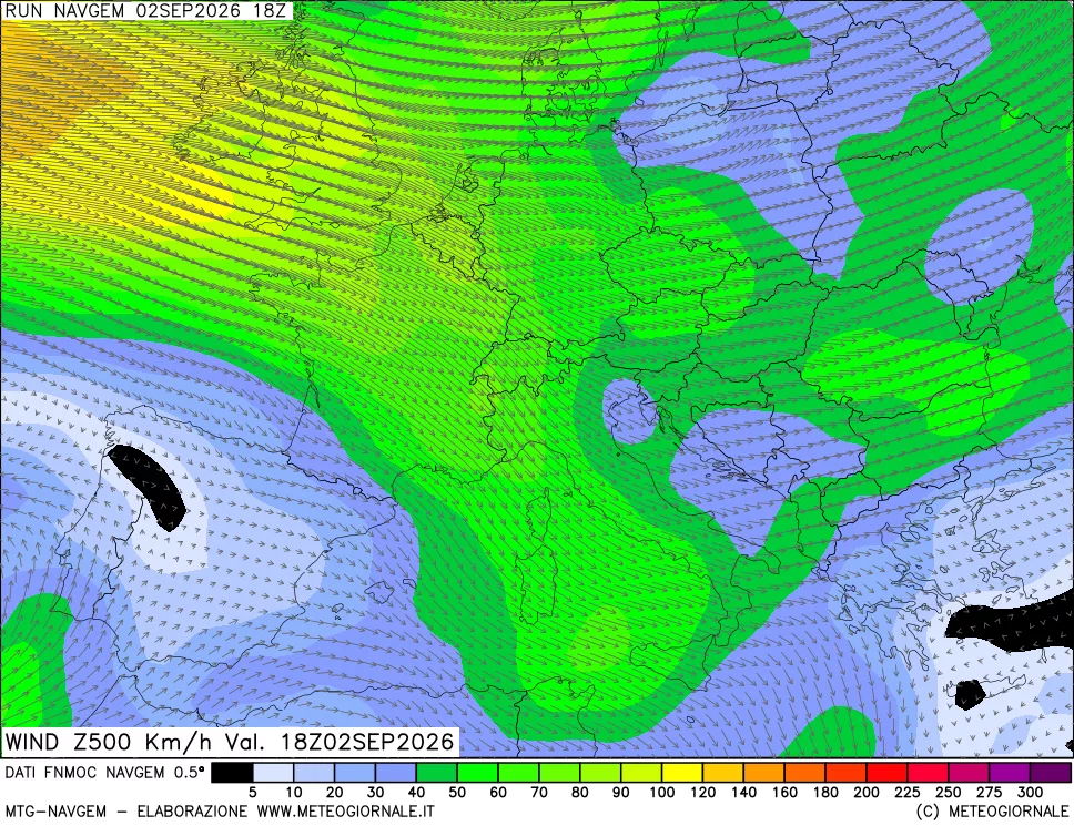 mappa Direzione e forza del vento a 500hPa