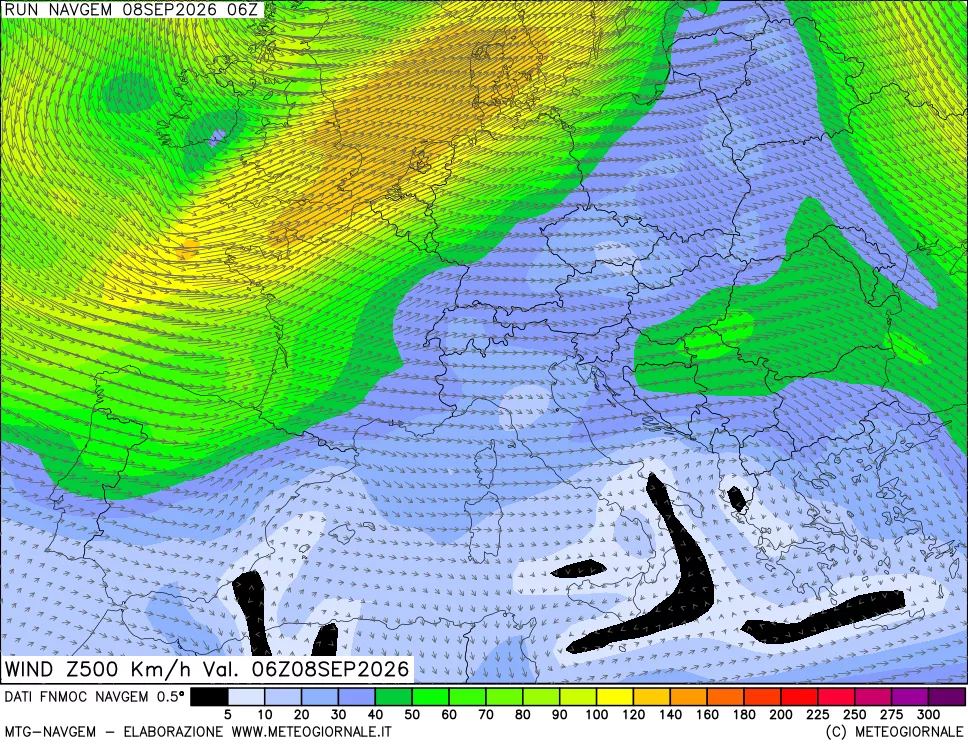 mappa Direzione e forza del vento a 500hPa