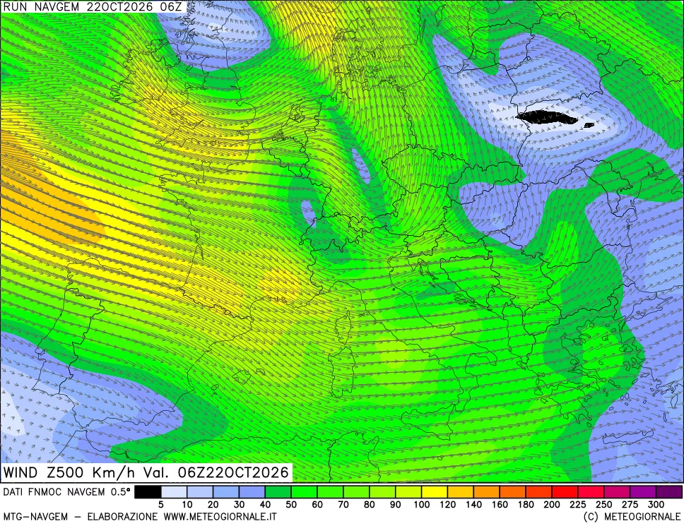 mappa Direzione e forza del vento a 500hPa