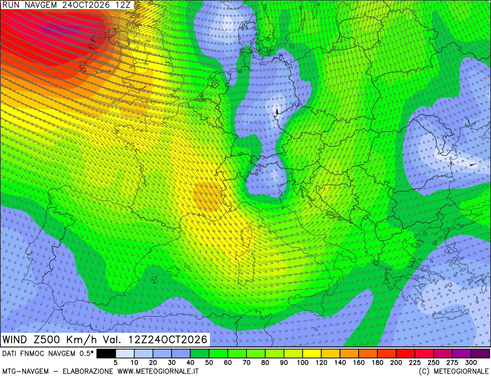 mappa Direzione e forza del vento a 500hPa