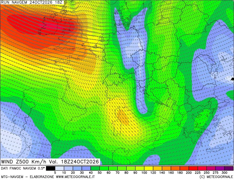 mappa Direzione e forza del vento a 500hPa