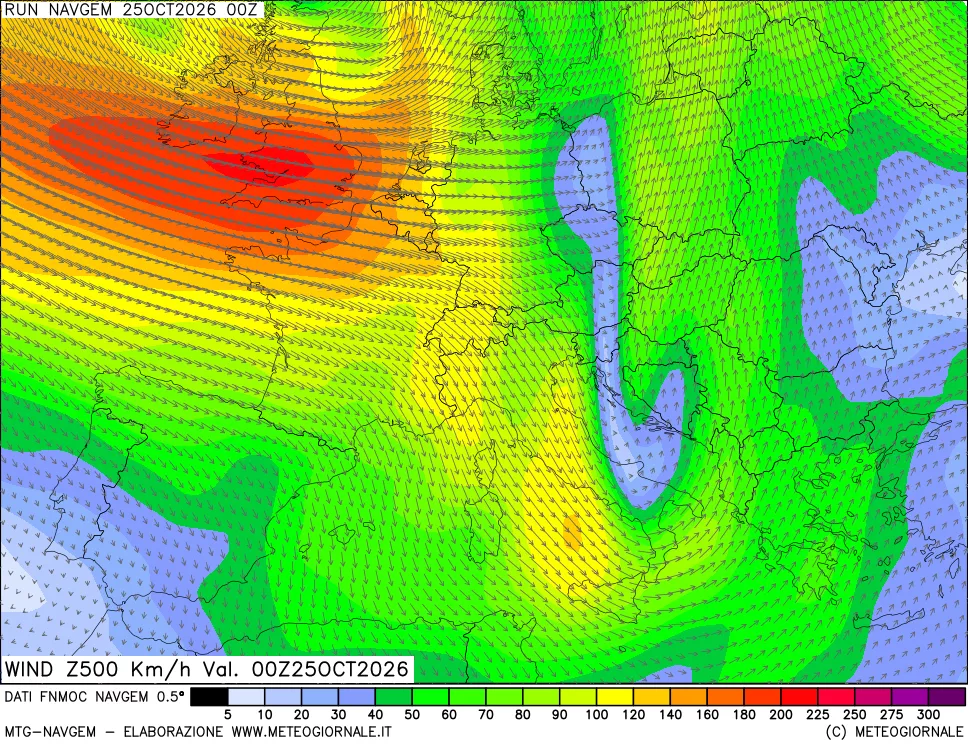 mappa Direzione e forza del vento a 500hPa