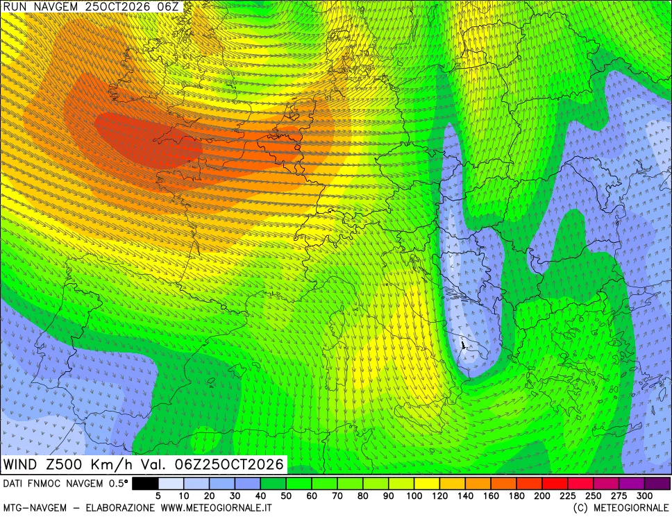 mappa Direzione e forza del vento a 500hPa