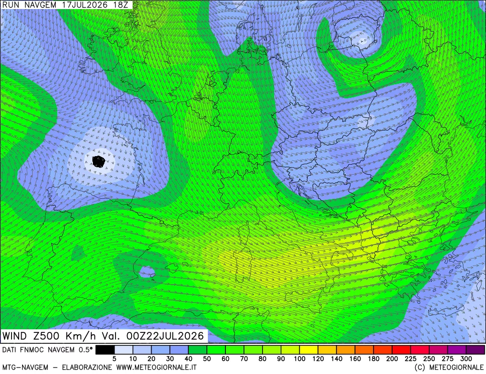 mappa Direzione e forza del vento a 500hPa