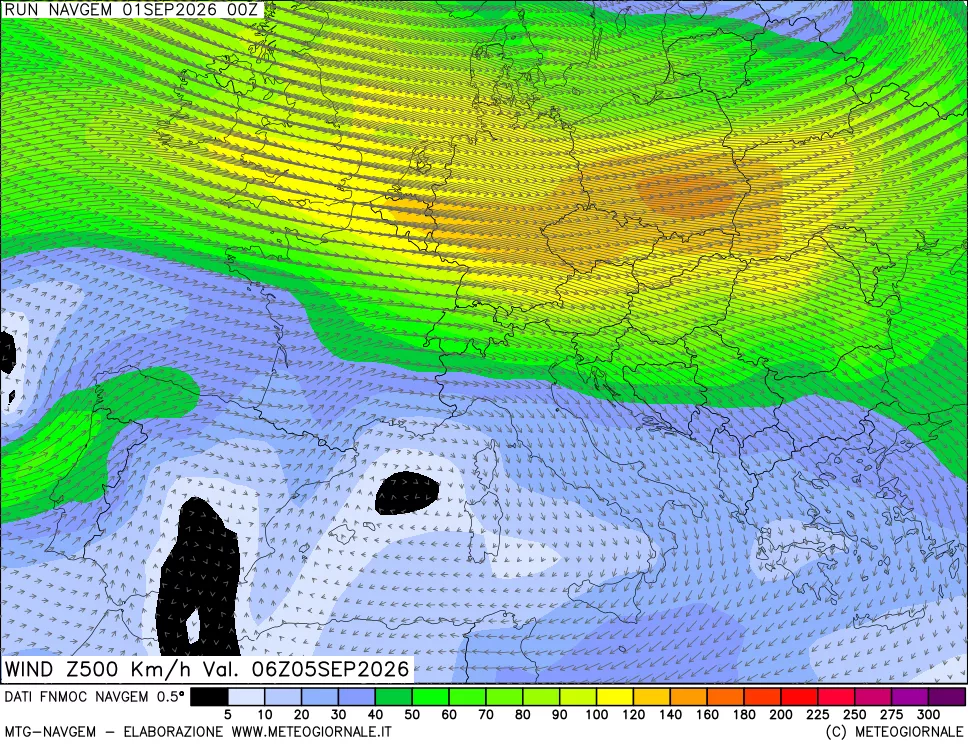 mappa Direzione e forza del vento a 500hPa
