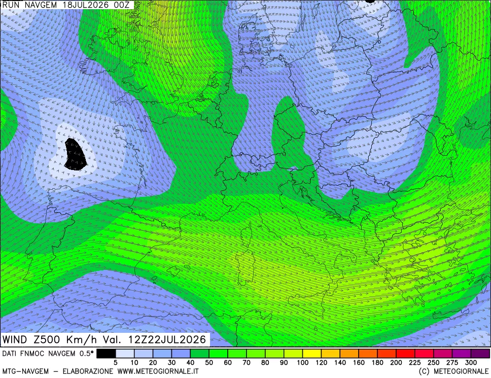 mappa Direzione e forza del vento a 500hPa