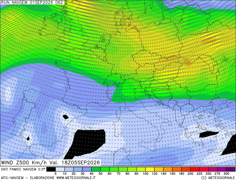 mappa Direzione e forza del vento a 500hPa