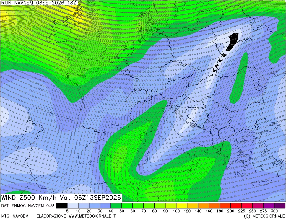 mappa Direzione e forza del vento a 500hPa