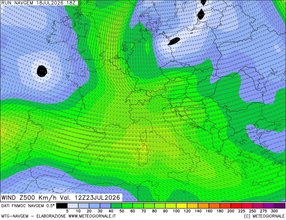 mappa Direzione e forza del vento a 500hPa