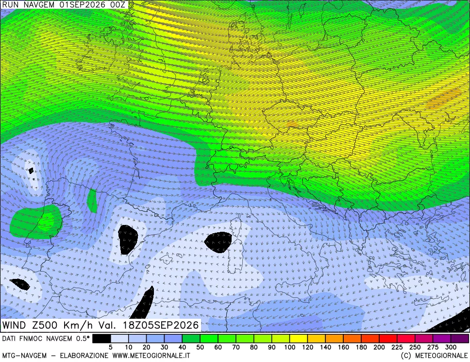 mappa Direzione e forza del vento a 500hPa