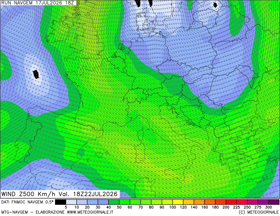 mappa Direzione e forza del vento a 500hPa