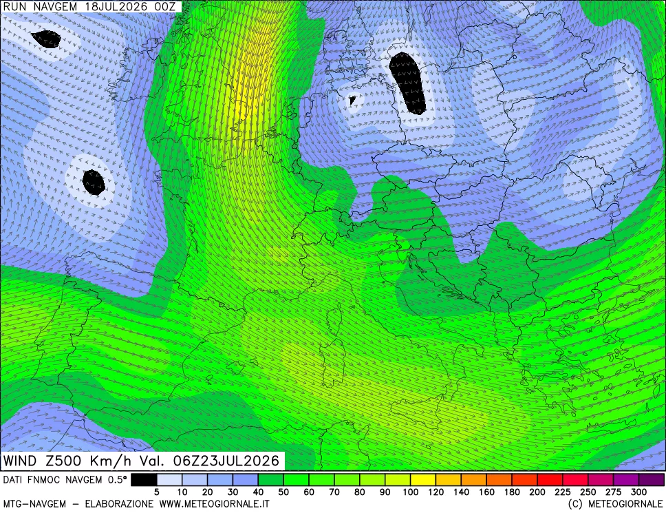 mappa Direzione e forza del vento a 500hPa