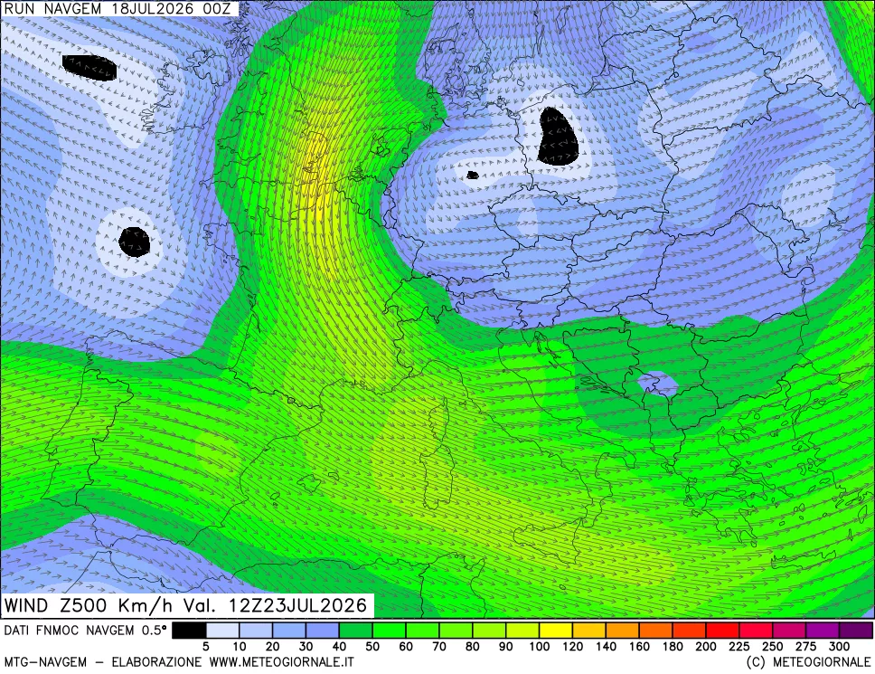 mappa Direzione e forza del vento a 500hPa