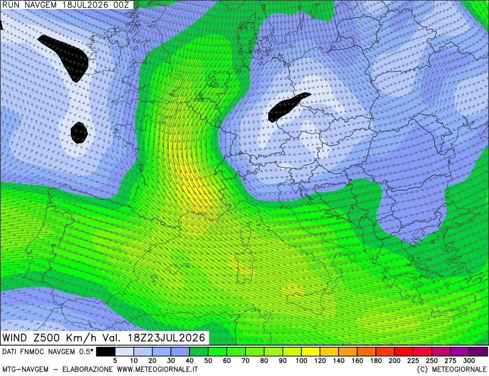 mappa Direzione e forza del vento a 500hPa