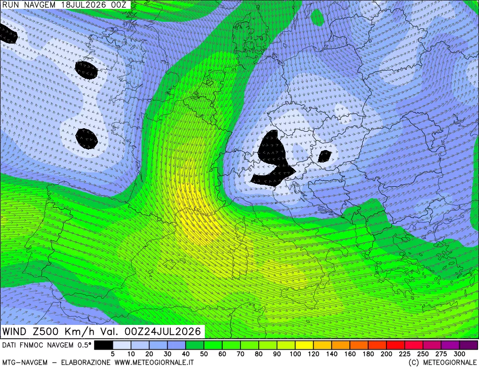 mappa Direzione e forza del vento a 500hPa