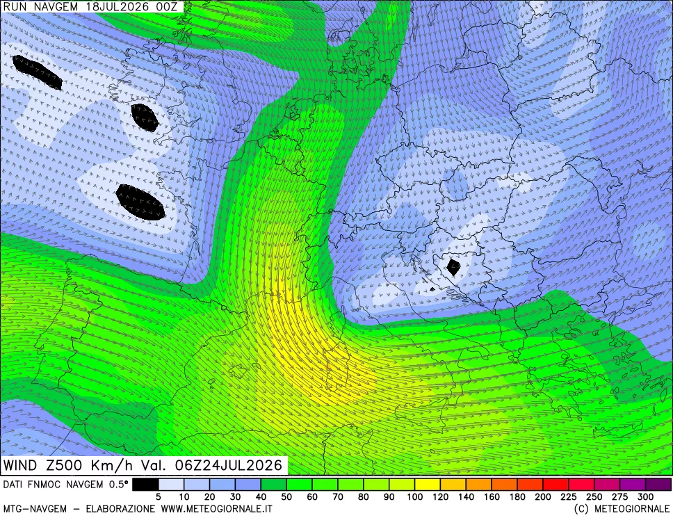 mappa Direzione e forza del vento a 500hPa