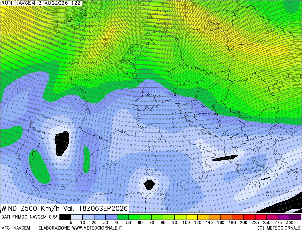 mappa Direzione e forza del vento a 500hPa