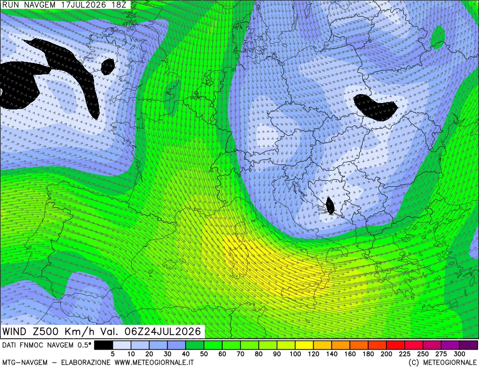 mappa Direzione e forza del vento a 500hPa