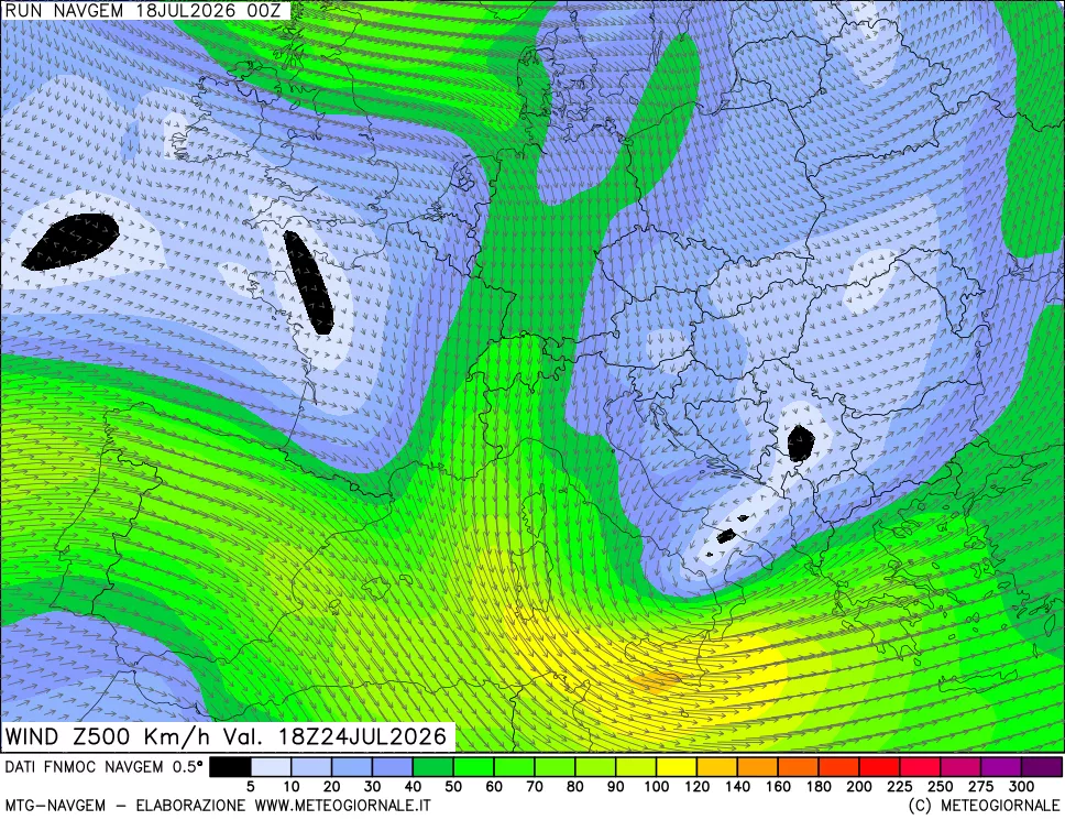 mappa Direzione e forza del vento a 500hPa