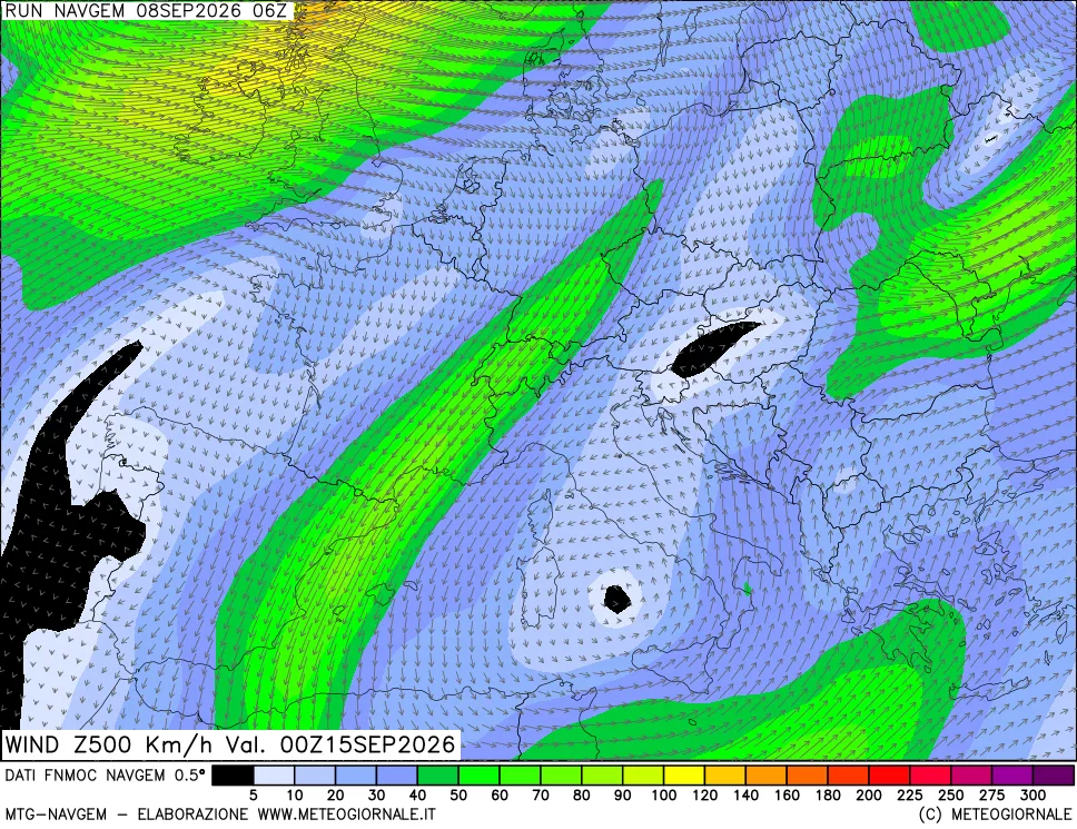 mappa Direzione e forza del vento a 500hPa
