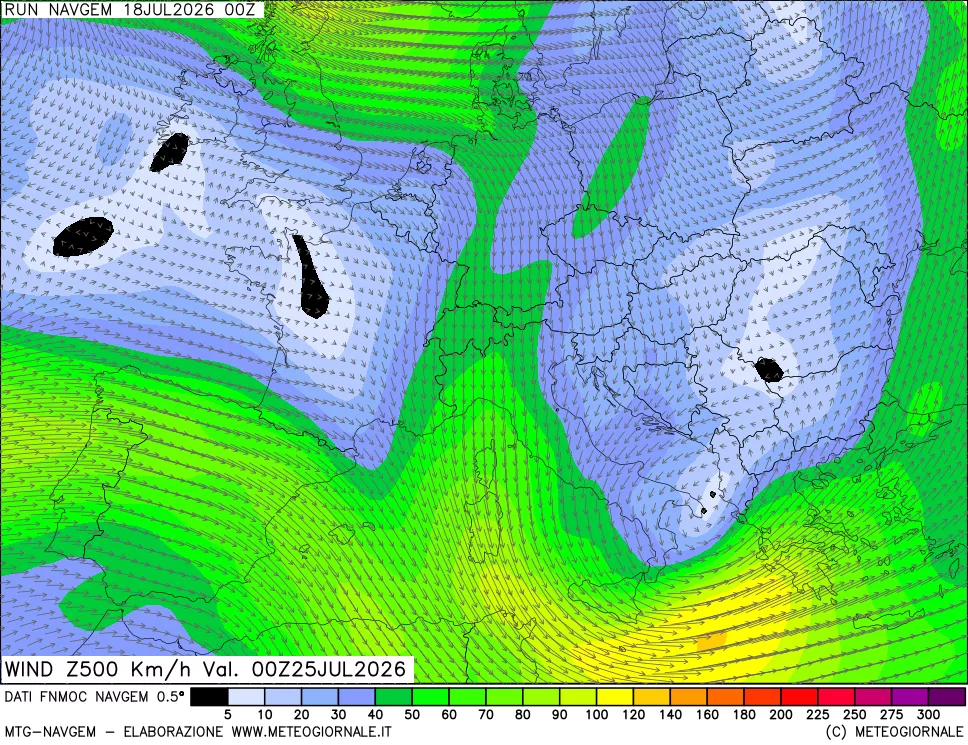 mappa Direzione e forza del vento a 500hPa