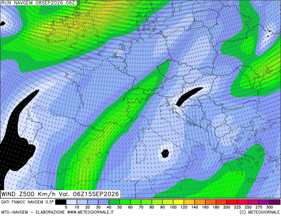 mappa Direzione e forza del vento a 500hPa