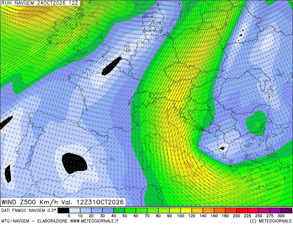 mappa Direzione e forza del vento a 500hPa