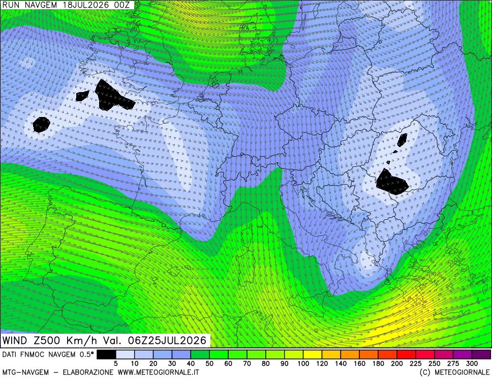 mappa Direzione e forza del vento a 500hPa