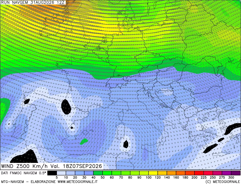 mappa Direzione e forza del vento a 500hPa