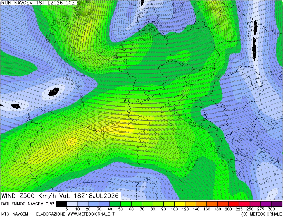 mappa Direzione e forza del vento a 500hPa