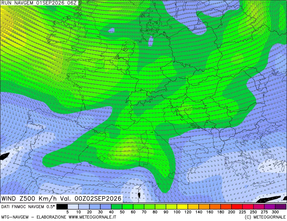 mappa Direzione e forza del vento a 500hPa