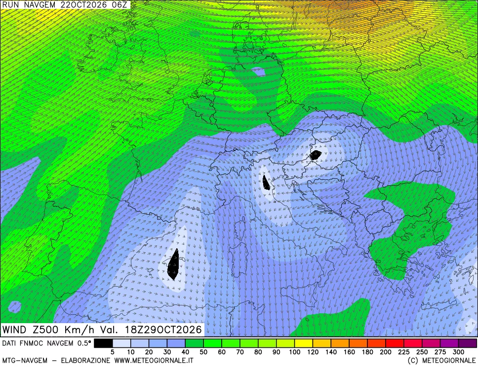 mappa Direzione e forza del vento a 500hPa