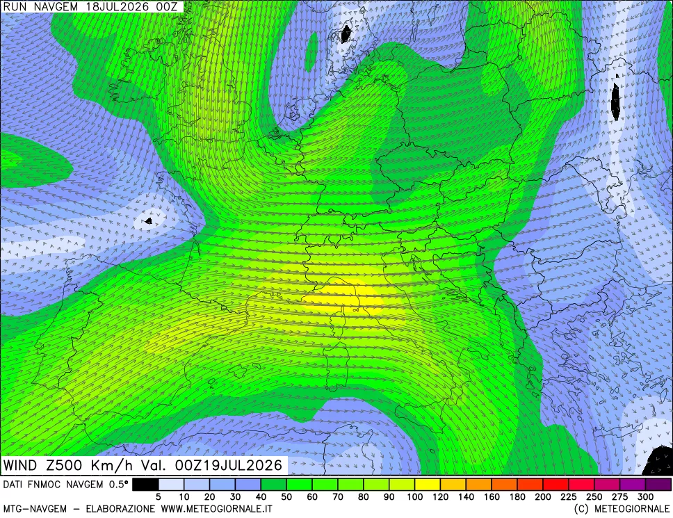 mappa Direzione e forza del vento a 500hPa
