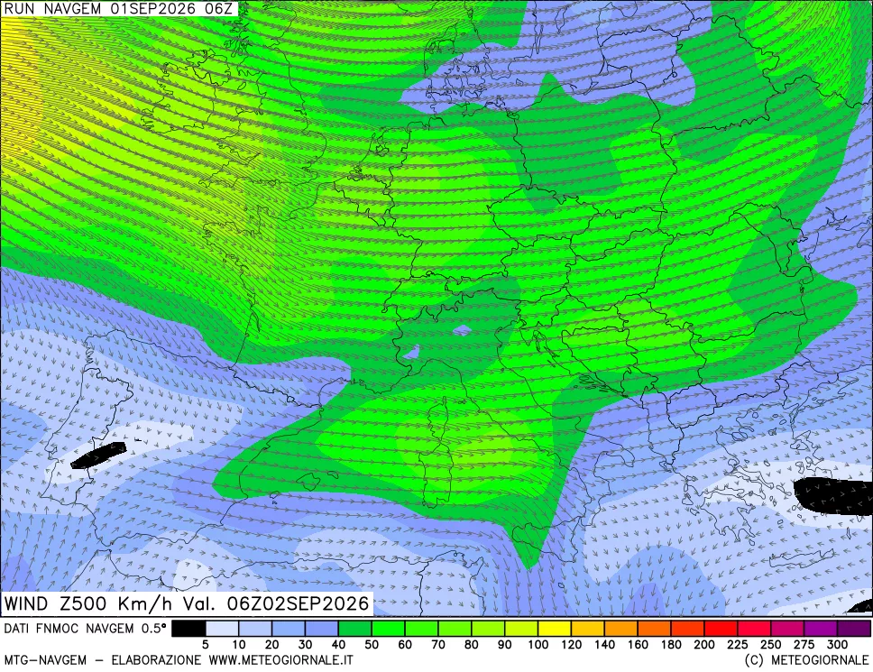 mappa Direzione e forza del vento a 500hPa