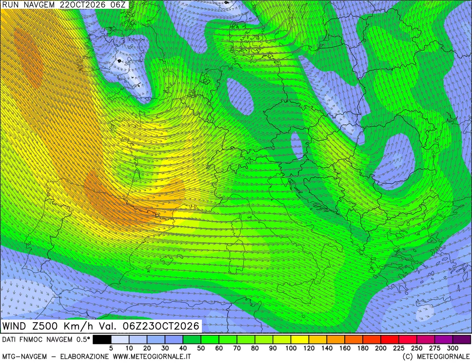mappa Direzione e forza del vento a 500hPa