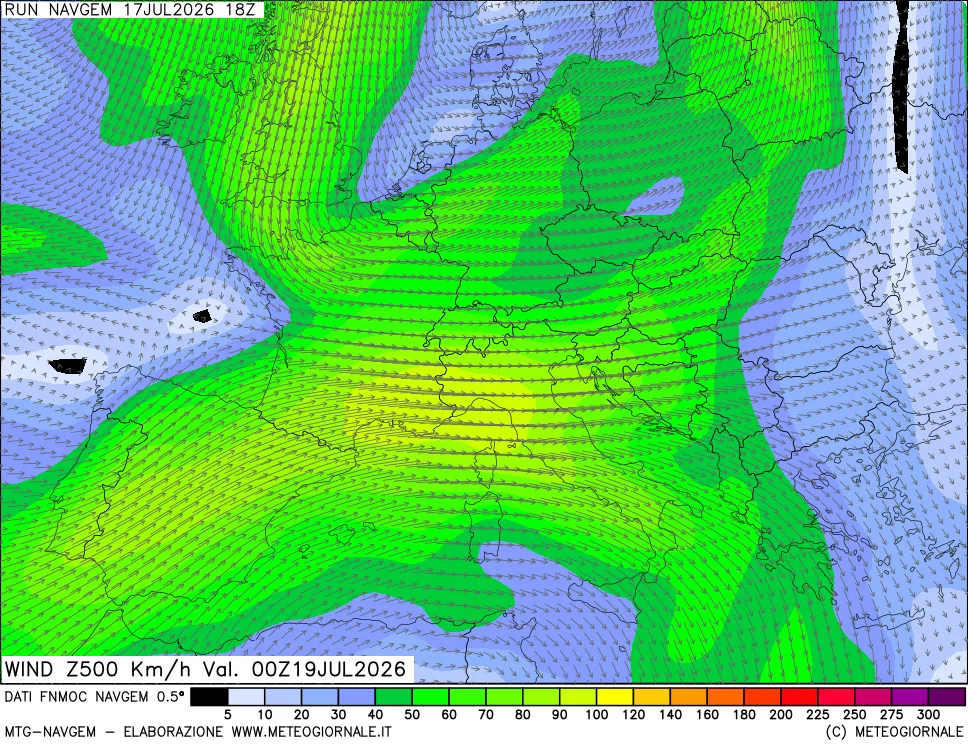 mappa Direzione e forza del vento a 500hPa