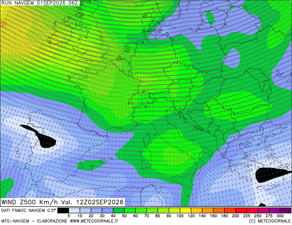 mappa Direzione e forza del vento a 500hPa