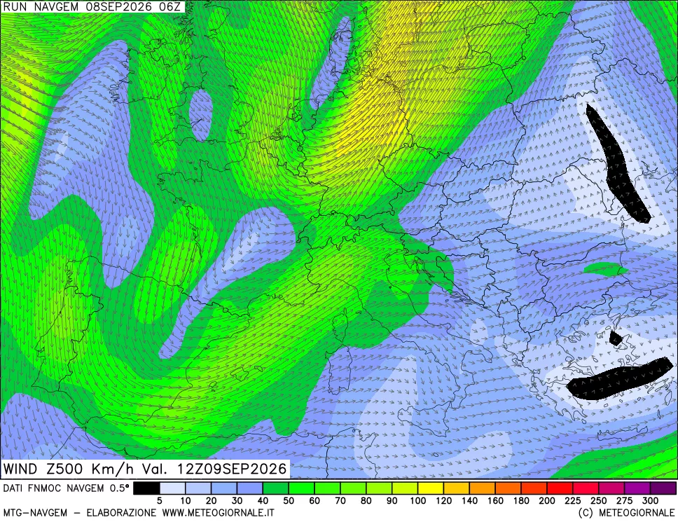 mappa Direzione e forza del vento a 500hPa
