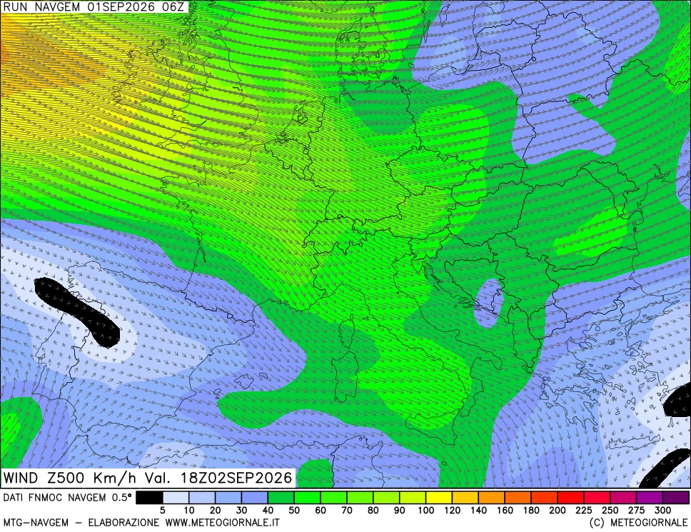 mappa Direzione e forza del vento a 500hPa