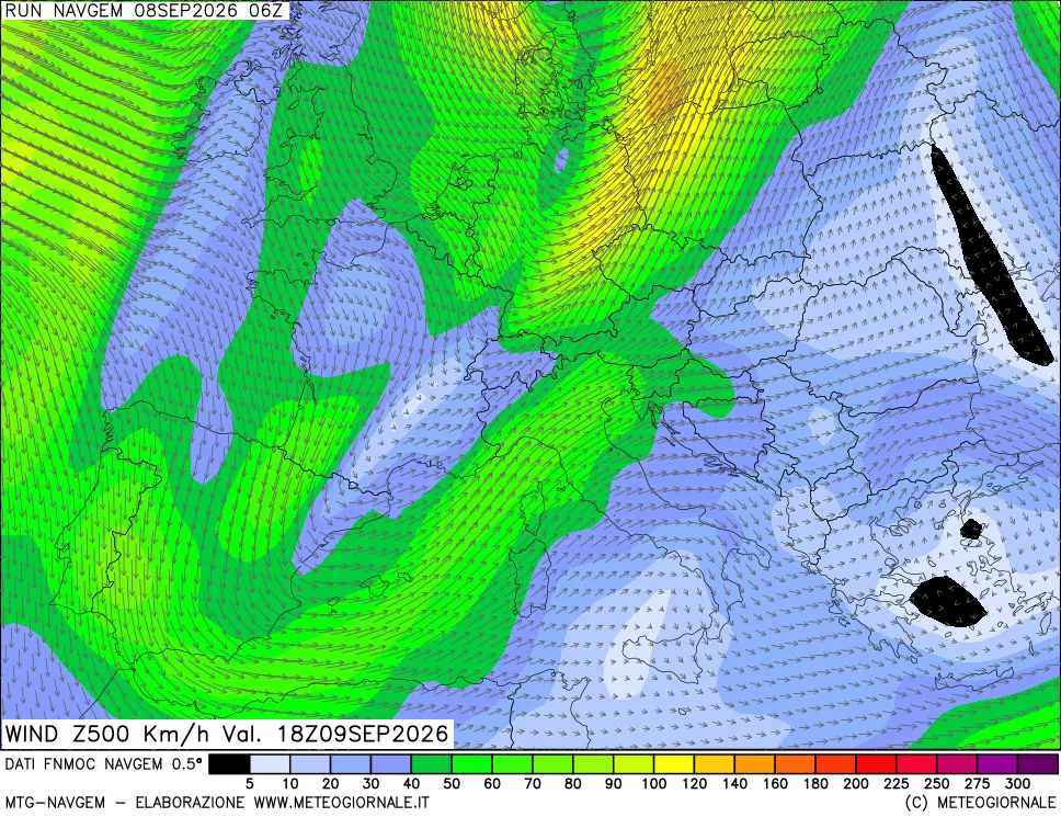 mappa Direzione e forza del vento a 500hPa
