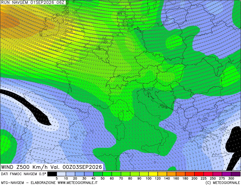 mappa Direzione e forza del vento a 500hPa