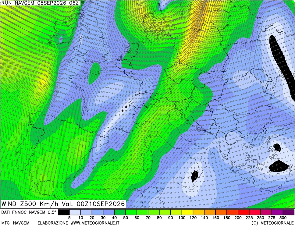 mappa Direzione e forza del vento a 500hPa